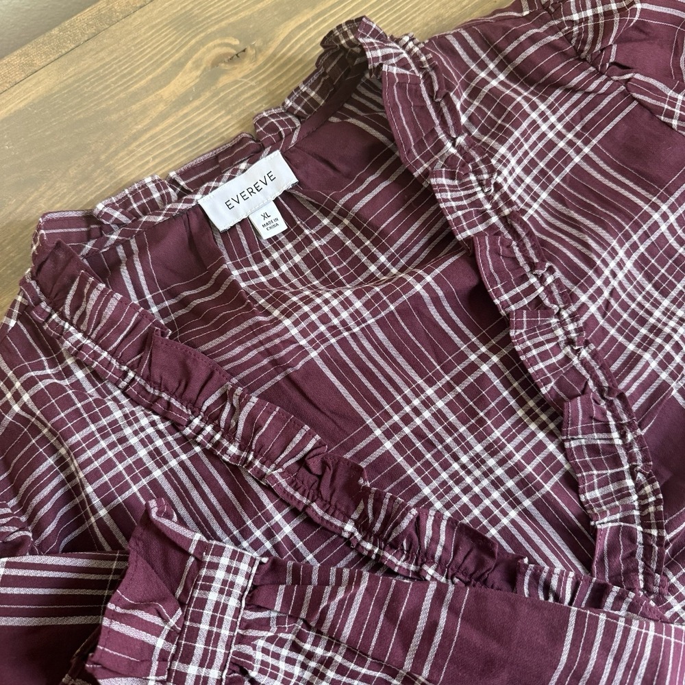 Evereve Womens XL Maroon White Plaid‎ Ruffl Trim V-Neck Long Sleeve Blouse